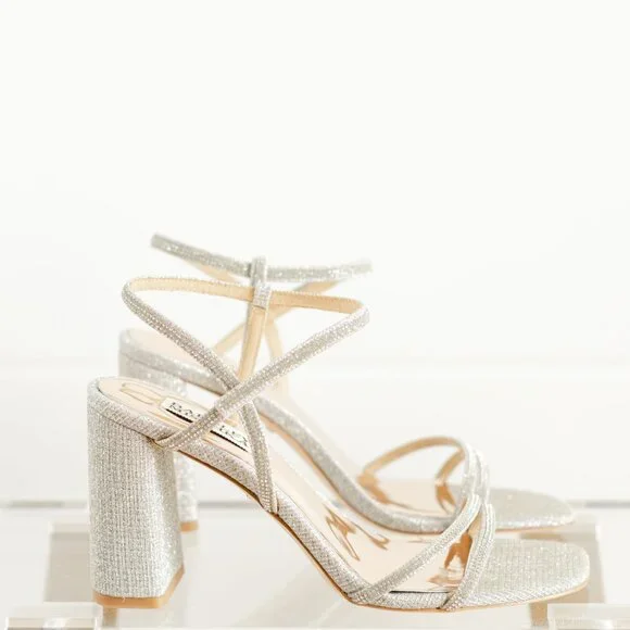 Badgley Mischka Rebekah Platinum Silver Women 8 Block Heel Sandal Fabric - Picture 7 of 14